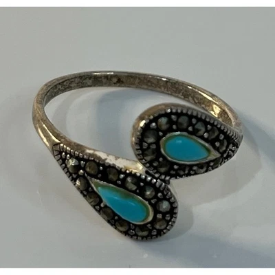Anillo De Colección Turquesa Marcasita Plata Esterlina Bypass Ajustable Joyería de Moda 6 Foto 1 de 4