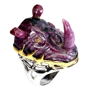 925 Sterling Silver Ring Ruby Zoisite Sapphire Rhinoceros Carved Handmade Size 8 - Picture 1 of 13