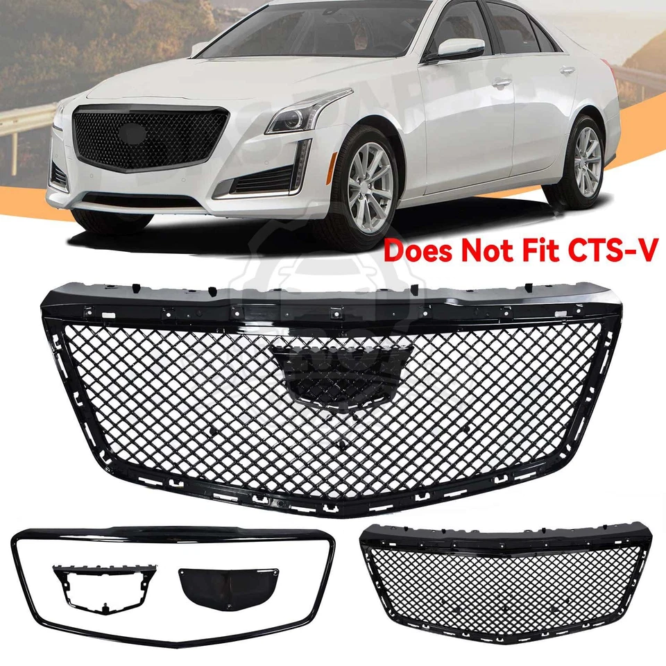 For 2014-2019 Cadillac CTS Sedan Front Bumper Upper Grille W/ Trim Glossy Black - Image 1 of 4