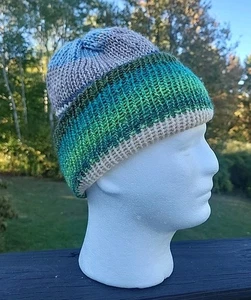 Braun Grün Mix 100% Alpaka Wolle Handgestrickt Handarbeit L Beanie Mütze - WENDEBAR  - Bild 1 von 9