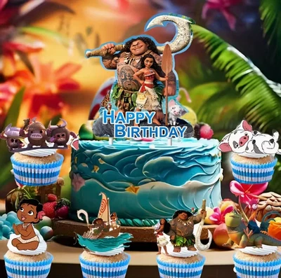 Topper de pastel de cumpleaños Moana y 13 selecciones de cupcakes Disney Maui & Friends fiesta en el océano Foto 1 de 2