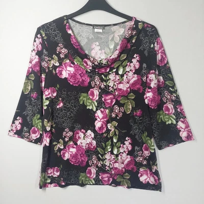 Kim & Co Jersey Top Size XL UK 18 Black Pink Floral Cowl Neck 3/4 Sleeves - Image 1 of 4