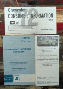 Tarjeta metálica Chevy Nova 1972 con garantía. Información del consumidor, folletos de control de emisiones - Imagen 1 de 2