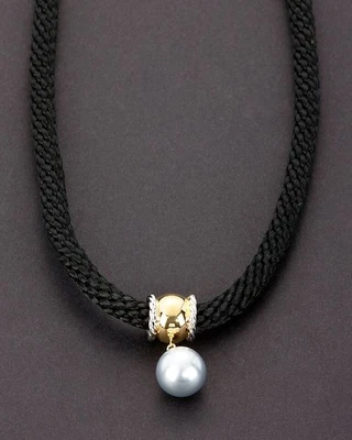 Set: Anhänger Textilkette 925 Silber goldplattiert MK-Perle grau X479 - Bild 1 von 3