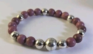Sterling Silver Signed MILOR Rhodonite Bead Bracelet 6.5" Magnetic Clasp - Picture 1 of 10