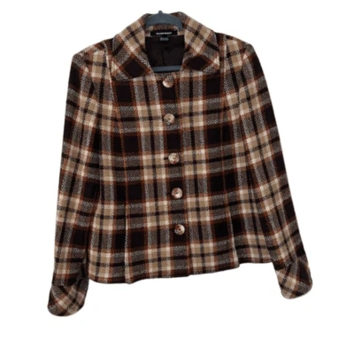 Ellen Tracy wool blend plaid checked lined brown blazer coat jacket - Image 1 of 4