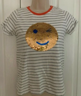 BODEN Girls Stripe Flip Sequin HAPPY SMILE WINK EMOJI  SS T Shirt 11-12 Y - Image 1 of 4