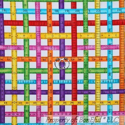 BonEful Fabric FQ Cotton Quilt White B&W Red Pink Girl Tape Measure Small Stripe - Image 1 of 4