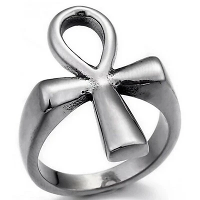 Ankh Ring Silver Stainless Steel Ancient Egyptian Aunk Boho Band Sizes 6-13 - Image 1 of 3