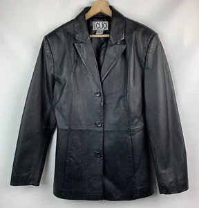CLIO Leather Jacket Black Leather Collared Buttons Pockets Lined Size 14 - Picture 1 of 10
