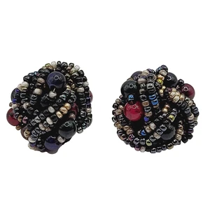 Iridescent Glass & Lucite Dark Bead Cluster Knot Twist Vintage Clip On Earrings - Picture 1 of 16
