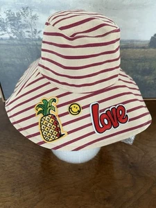 NWT Anthropologie Cotton Red Striped Bucket Sun Hat Patches - ONE SIZE - Picture 1 of 7