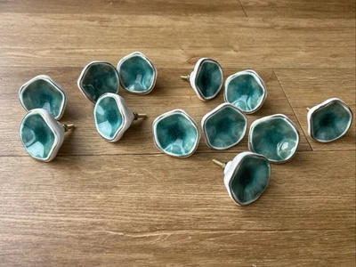 Ceramic Crackled Turquoise Green White Gold Gloss Door Knobs X12 - Image 1 of 4