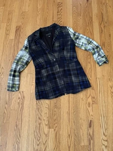 BP. + Wildfang Women's Med Blue & Green Plaid One Button Blazer Bleached Effect - Picture 1 of 16