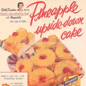 1954 Bisquick Pineapple Upside Down Cake kitchen food photo art decor vintage ad - Picture 1 of 8
