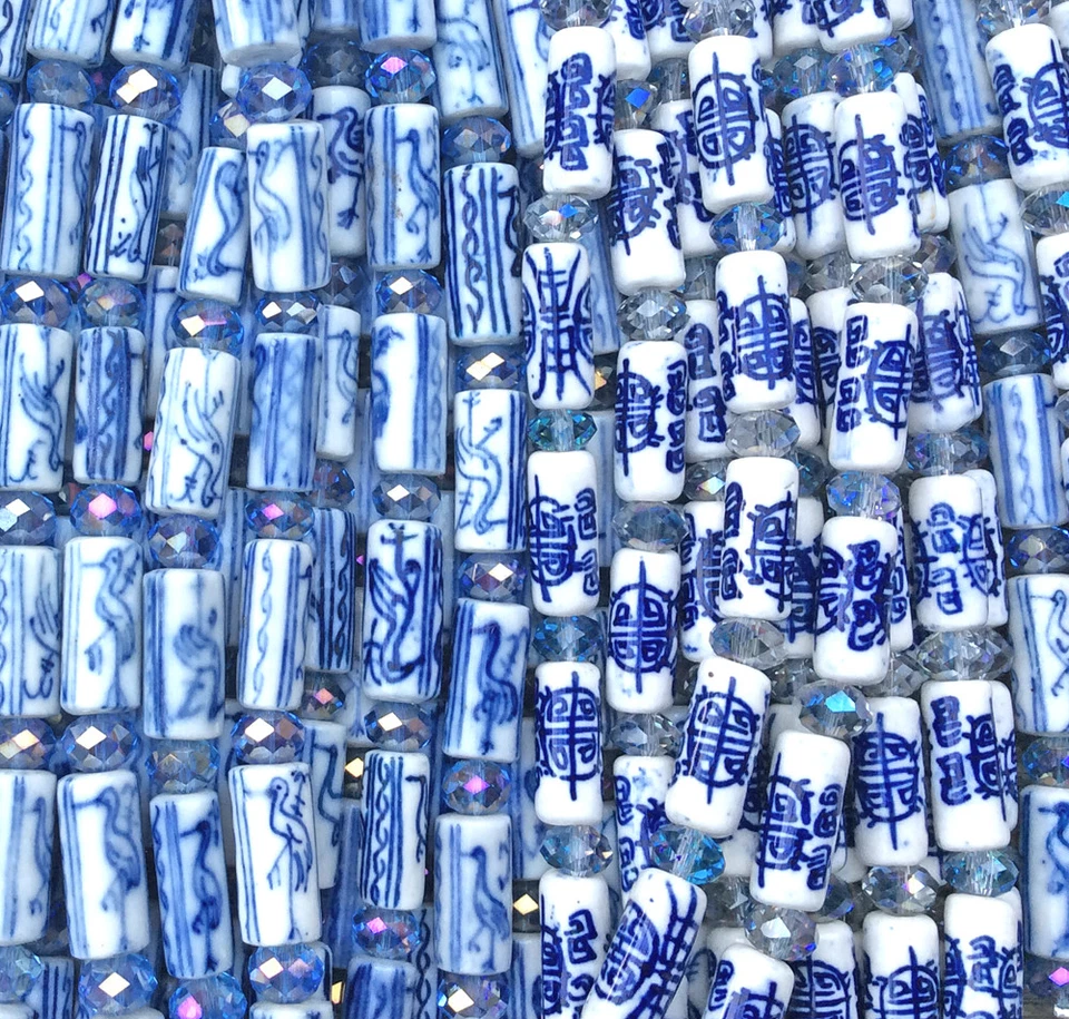 Blue White China Mixed Motifs 17mm 18mm Tube Cylinder Ceramic Beads Q2 Strands  - Image 1 of 1