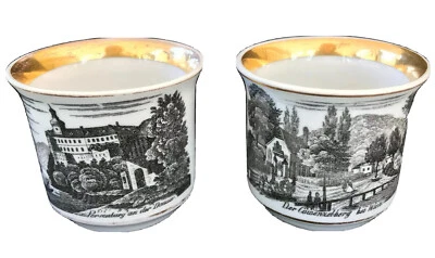 Pair of SPODE Gold Rimmed Teacups with German Scenes - Image 1 of 4