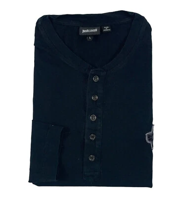 Roberto Cavalli Just Cavalli Black Floral Patch Cotton Henley Size Mens L  - Image 1 of 4