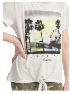 NWT -Justice Girls California Ferris Wheel Gray T-Shirt, Sz M 10 Tie Front - Picture 1 of 7