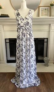 JESSICA SIMPSON Blue White Floral Print Chiffon Ruffle Maxi Dress~ 10 M3020 - Picture 1 of 13