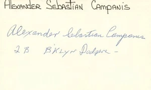 Alexander Campanis 1943 Brooklyn (Dec. 1998) Signed 3x5 Index Card with JSA COA - Picture 1 of 2