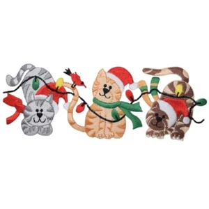 Large Christmas Cats Applique Patch - Kittens Lights Santa Hats 5-7/8" (Iron on) - Picture 1 of 1