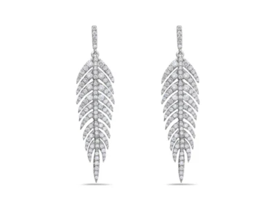 Pave Set White Round Cut Lab-Created 1.96CT Diamonds Leaf Dangle Luxury Earrings - Image 1 of 4