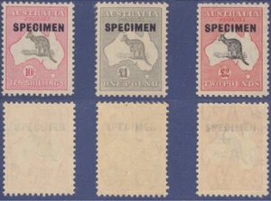 Australia Kangaroo 10 Shillings 1 Pound and 2 Pounds Ovptd Specimen MNH. - Picture 1 of 6