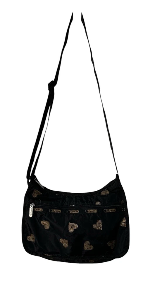 Lesportsac Heart Bag Black Gold Everyday Deluxe Crossbody Black Purse Expandable - Image 1 of 4