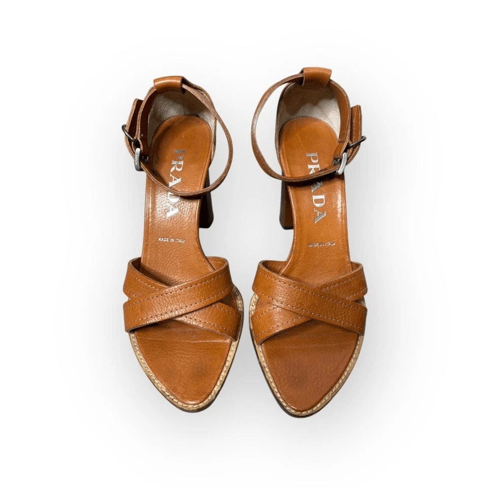 PRADA Brown Carmel Leather Ankle Strap Heel Sandals Shoes Almond Toe Size 37 - Image 1 of 4