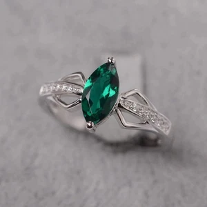 925 Sterling Silver Green Emerald Lab Created Women Unique Ring US Duty Free - Picture 1 of 5