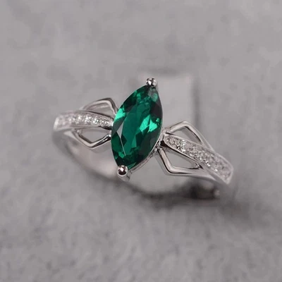 925 Sterling Silver Green Emerald Lab Created Women Unique Ring US Duty Free - Image 1 of 4