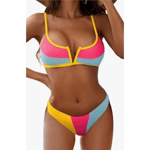 Conjuntos de bikini de corte alto acanalados con alambre en V cami bikini traje de baño talla L de ZAFUL para mujer - Imagen 1 de 5