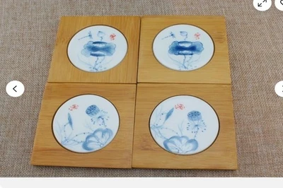 Accesorios de té de cerámica China Jingdezhen 4 piezas alfombrilla de taza de bambú pintada a mano Foto 1 de 4