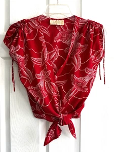 Camicetta vintage Fredericks of Hollywood avvolgente donna S-Med rossa floreale senza maniche - Foto 1 di 6