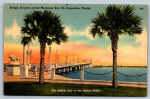 Linen Postcard St Augustine Flordia Bridge of Lions Matanzas Bay - Picture 1 of 2