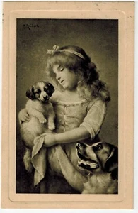 Niña con perros, Jack Russel, laboratorio, grabado/placo, C Reichert, Alemania/postal extranjera - Imagen 1 de 2