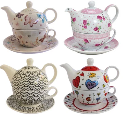 Tea for One Teekanne & Tasse Schmetterling Rosen Retro Herzen Blumen *NEU* - Bild 1 von 2