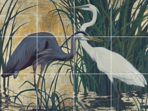A Great Blue Heron And A Egret In Marsh wildlife ceramic tile mural backsplash - Picture 1 of 8