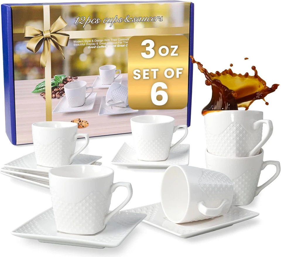 Taza de café espresso con platillo, juego de tazas de café turco, juego de tazas de café espresso blanco Foto 1 de 4