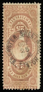 B689 U.S. Revenue Scott #R44c 25-cent Certificate, banking handstamp cancel - Picture 1 of 1