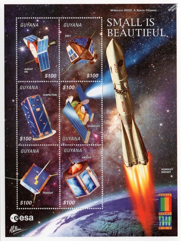 Hoja de estampillas espaciales satélites de naves espaciales PEQUEÑAS IS HERMOSAS DE LA ESA #1 (2000 Guyana) Foto 1 de 1