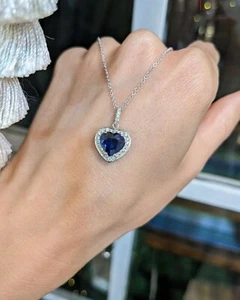 Heart 2.02 Ct Natural Blue Sapphire & Diamond Wedding Pendant 14K White Gold - Picture 1 of 2