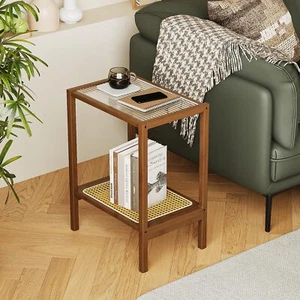 Bamworld Rattan Side Table Living Room Glasstop Night Stand Boho End Table 2-... - Picture 1 of 7