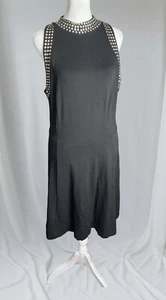 Carmen Marc Valvo Black Ponte Sleeveless Halter Studs Dress L Cocktail Clubwear - Picture 1 of 9