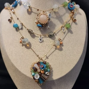 Betsey Johnson Weave And Sew Angular Glass Heart Flower Crystal Layered Necklace - Picture 1 of 4
