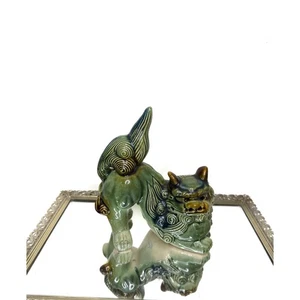 Estatuilla china Foo Dog verde guardián Shishi leones chinoiserie esmaltada verde - Imagen 1 de 14