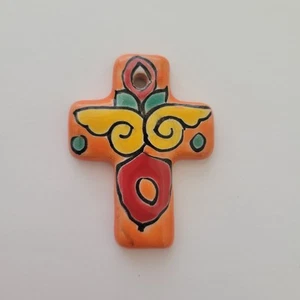 Mexican Talavera Folk Art Cross Hand Painted Wings Design Small 2.5" Charm  - Picture 1 of 3