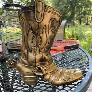Vintage ArtBrass Giftworks Gold Brass Cowboy Boot Spur Planter Pot Vase 9" - Picture 1 of 8