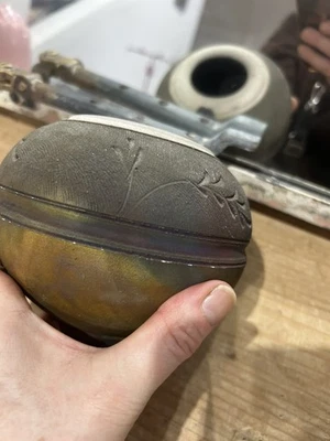 Vintage impressed 'E" Studio Art Pottery Vase Vessel Wood Fired Raku Glaze Orb - Image 1 of 4